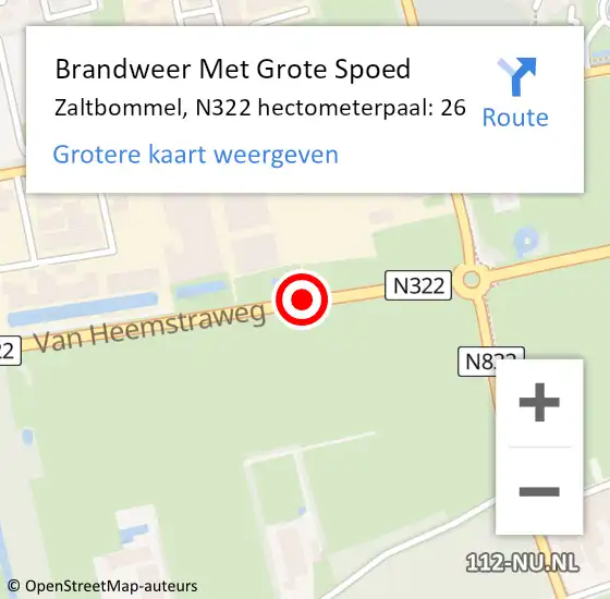 Locatie op kaart van de 112 melding: Brandweer Met Grote Spoed Naar Zaltbommel, N322 hectometerpaal: 26 op 22 november 2021 09:27