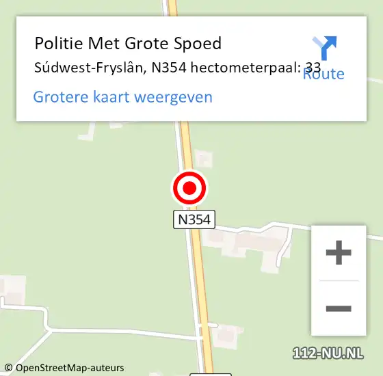 Locatie op kaart van de 112 melding: Politie Met Grote Spoed Naar Súdwest-Fryslân, N354 hectometerpaal: 33 op 22 november 2021 12:00