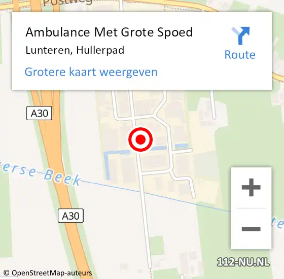 Locatie op kaart van de 112 melding: Ambulance Met Grote Spoed Naar Lunteren, Hullerpad op 22 november 2021 18:25