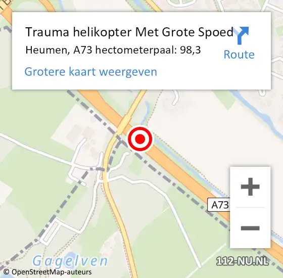 Locatie op kaart van de 112 melding: Trauma helikopter Met Grote Spoed Naar Heumen, A73 hectometerpaal: 98,3 op 22 november 2021 20:00