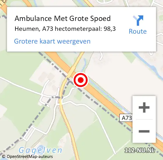 Locatie op kaart van de 112 melding: Ambulance Met Grote Spoed Naar Heumen, A73 hectometerpaal: 98,3 op 22 november 2021 20:01