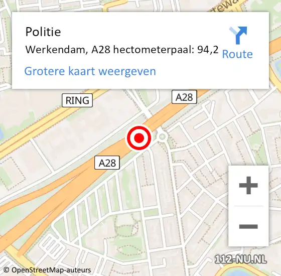 Locatie op kaart van de 112 melding: Politie Werkendam, A28 hectometerpaal: 94,2 op 24 november 2021 08:38