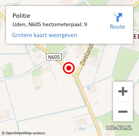 Locatie op kaart van de 112 melding: Politie Uden, N605 hectometerpaal: 9 op 24 november 2021 16:27