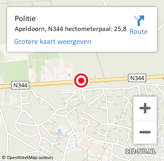 Locatie op kaart van de 112 melding: Politie Apeldoorn, N344 hectometerpaal: 25,8 op 25 november 2021 21:28