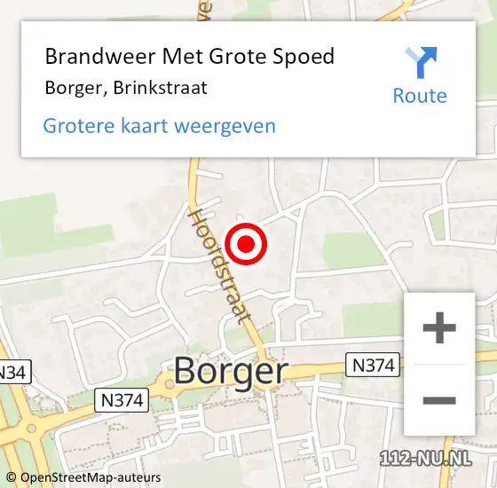 Locatie op kaart van de 112 melding: Brandweer Met Grote Spoed Naar Borger, Brinkstraat op 30 juni 2014 14:39