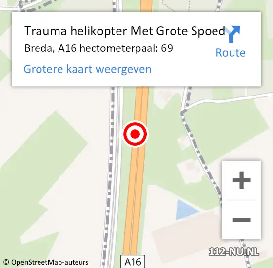 Locatie op kaart van de 112 melding: Trauma helikopter Met Grote Spoed Naar Breda, A16 hectometerpaal: 69 op 26 november 2021 16:55