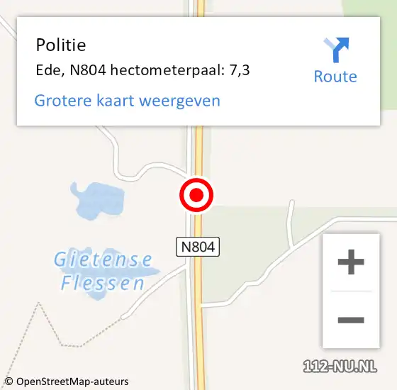Locatie op kaart van de 112 melding: Politie Ede, N804 hectometerpaal: 7,3 op 26 november 2021 17:25