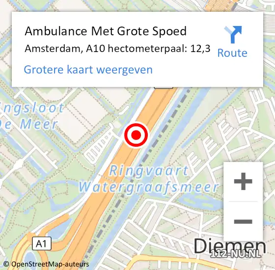 Locatie op kaart van de 112 melding: Ambulance Met Grote Spoed Naar Amsterdam, A10 hectometerpaal: 12,3 op 26 november 2021 21:12