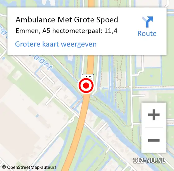 Locatie op kaart van de 112 melding: Ambulance Met Grote Spoed Naar Emmen, A5 hectometerpaal: 11,4 op 27 november 2021 08:00