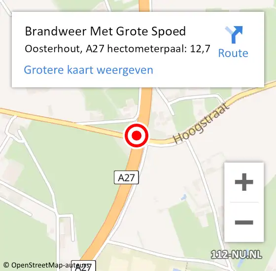 Locatie op kaart van de 112 melding: Brandweer Met Grote Spoed Naar Oosterhout, A27 hectometerpaal: 12,7 op 27 november 2021 08:19