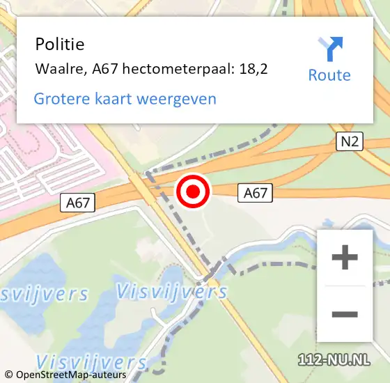 Locatie op kaart van de 112 melding: Politie Waalre, A67 hectometerpaal: 18,2 op 27 november 2021 12:28