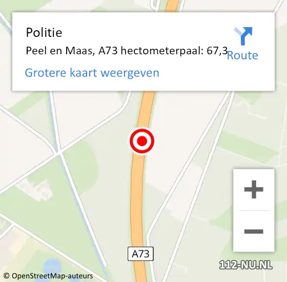 Locatie op kaart van de 112 melding: Politie Peel en Maas, A73 hectometerpaal: 67,3 op 27 november 2021 13:51