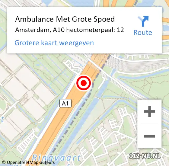 Locatie op kaart van de 112 melding: Ambulance Met Grote Spoed Naar Amsterdam, A10 hectometerpaal: 12 op 27 november 2021 15:24