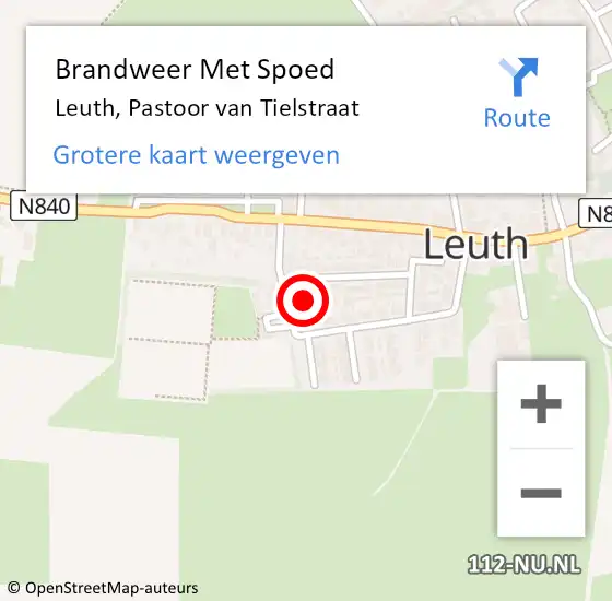 Locatie op kaart van de 112 melding: Brandweer Met Spoed Naar Leuth, Pastoor van Tielstraat op 27 november 2021 21:07