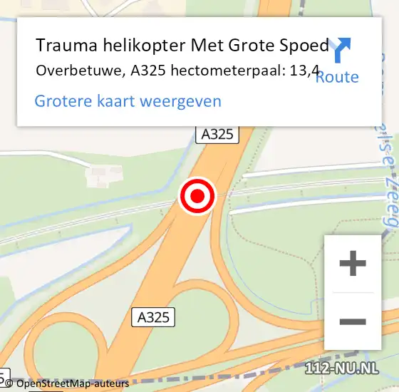 Locatie op kaart van de 112 melding: Trauma helikopter Met Grote Spoed Naar Overbetuwe, A325 hectometerpaal: 13,4 op 28 november 2021 16:46