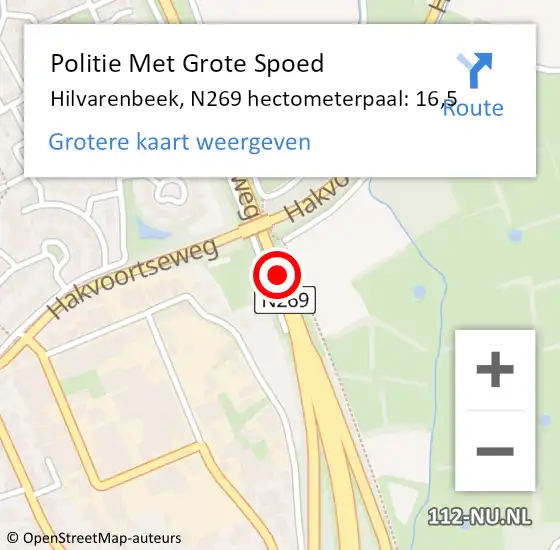 Locatie op kaart van de 112 melding: Politie Met Grote Spoed Naar Hilvarenbeek, N269 hectometerpaal: 16,5 op 30 november 2021 07:28