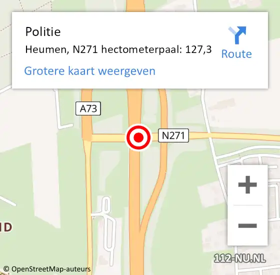 Locatie op kaart van de 112 melding: Politie Heumen, N271 hectometerpaal: 127,3 op 30 november 2021 15:41