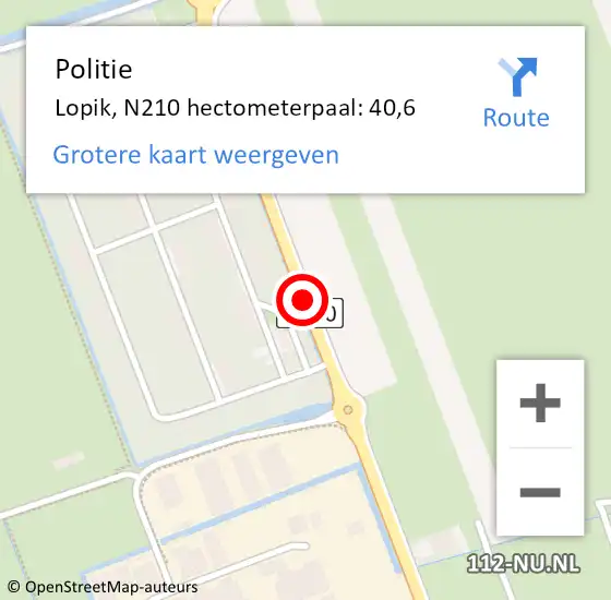 Locatie op kaart van de 112 melding: Politie Lopik, N210 hectometerpaal: 40,6 op 30 november 2021 15:56