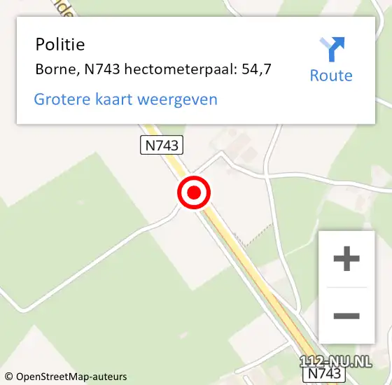 Locatie op kaart van de 112 melding: Politie Borne, N743 hectometerpaal: 54,7 op 30 november 2021 17:38