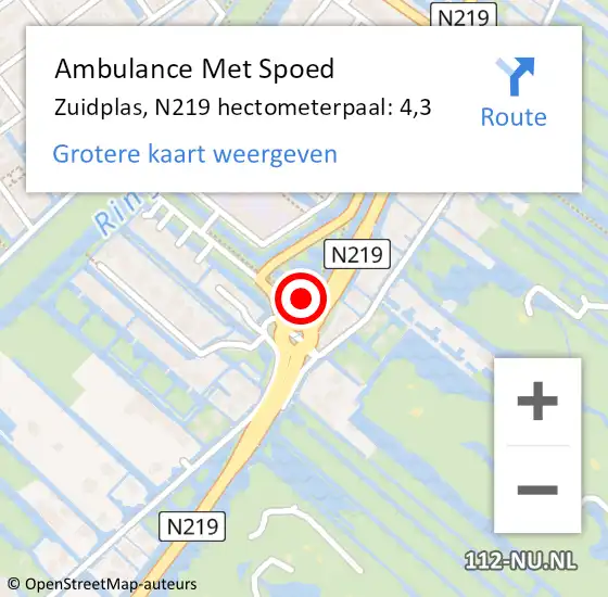Locatie op kaart van de 112 melding: Ambulance Met Spoed Naar Zuidplas, N219 hectometerpaal: 4,3 op 30 november 2021 20:34