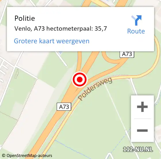 Locatie op kaart van de 112 melding: Politie Venlo, A73 hectometerpaal: 35,7 op 1 december 2021 09:55