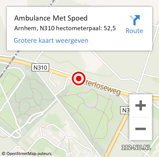 Locatie op kaart van de 112 melding: Ambulance Met Spoed Naar Arnhem, N310 hectometerpaal: 52,5 op 1 december 2021 19:37