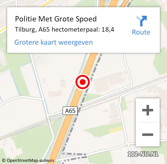 Locatie op kaart van de 112 melding: Politie Met Grote Spoed Naar Tilburg, A65 hectometerpaal: 18,4 op 2 december 2021 14:45