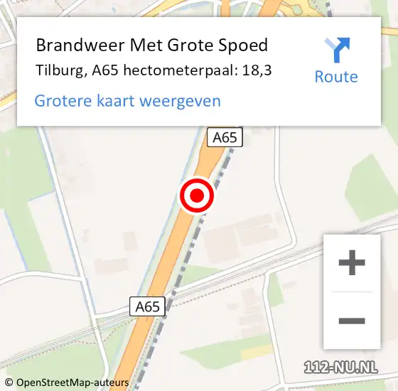 Locatie op kaart van de 112 melding: Brandweer Met Grote Spoed Naar Tilburg, A65 hectometerpaal: 18,3 op 2 december 2021 14:46