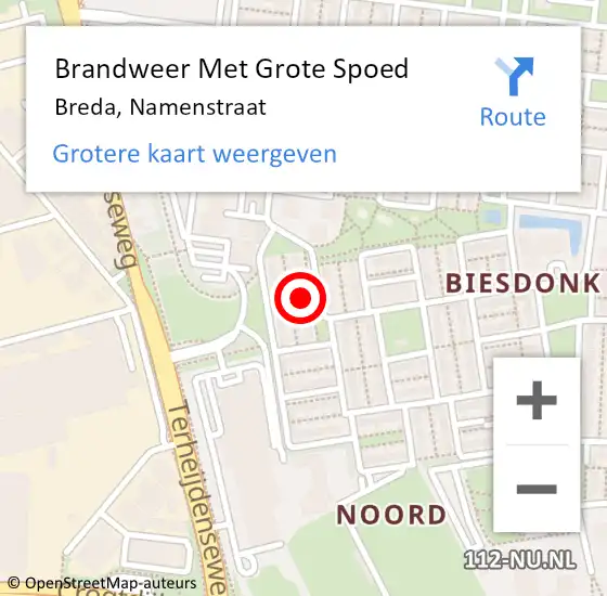 Locatie op kaart van de 112 melding: Brandweer Met Grote Spoed Naar Breda, Namenstraat op 3 december 2021 01:01