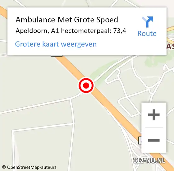 Locatie op kaart van de 112 melding: Ambulance Met Grote Spoed Naar Apeldoorn, A1 hectometerpaal: 73,4 op 3 december 2021 07:13