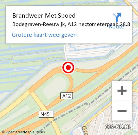 Locatie op kaart van de 112 melding: Brandweer Met Spoed Naar Bodegraven-Reeuwijk, A12 hectometerpaal: 28,8 op 3 december 2021 09:54