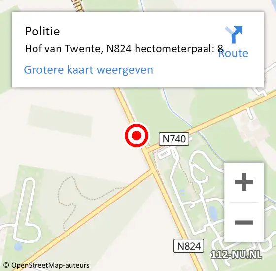 Locatie op kaart van de 112 melding: Politie Hof van Twente, N824 hectometerpaal: 8 op 3 december 2021 13:24