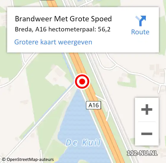 Locatie op kaart van de 112 melding: Brandweer Met Grote Spoed Naar Breda, A16 hectometerpaal: 56,2 op 3 december 2021 15:06