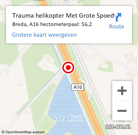 Locatie op kaart van de 112 melding: Trauma helikopter Met Grote Spoed Naar Breda, A16 hectometerpaal: 56,2 op 3 december 2021 15:10