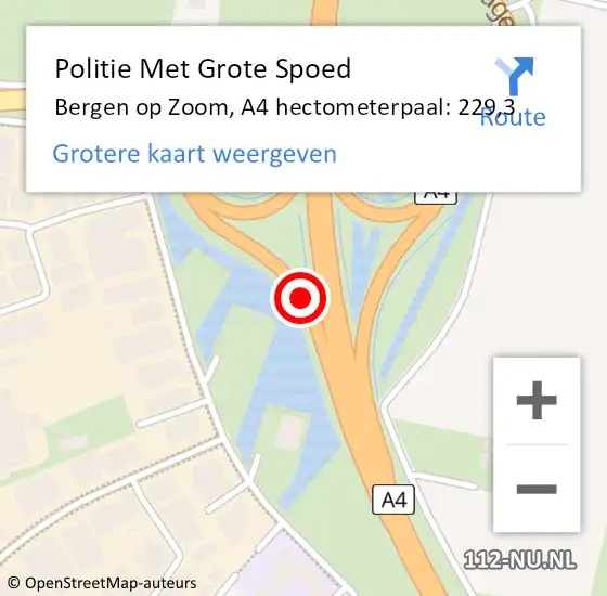 Locatie op kaart van de 112 melding: Politie Met Grote Spoed Naar Bergen op Zoom, A4 hectometerpaal: 229,3 op 3 december 2021 15:12