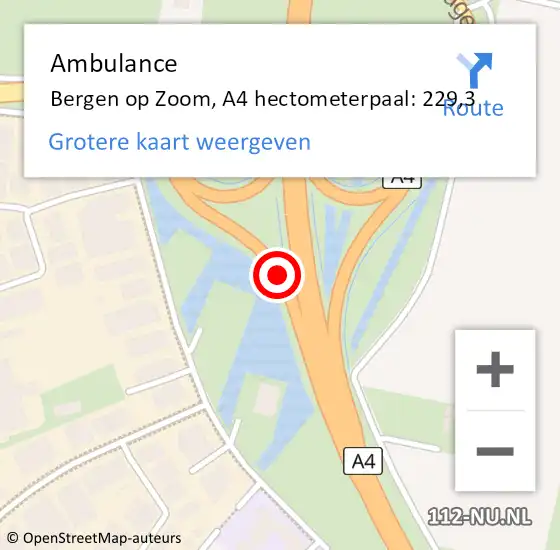 Locatie op kaart van de 112 melding: Ambulance Bergen op Zoom, A4 hectometerpaal: 229,3 op 3 december 2021 15:12