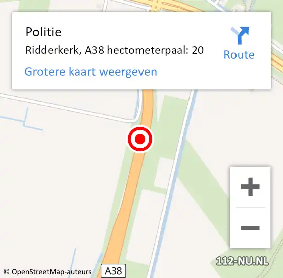 Locatie op kaart van de 112 melding: Politie Ridderkerk, A38 hectometerpaal: 20 op 6 december 2021 17:44