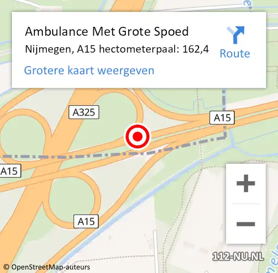 Locatie op kaart van de 112 melding: Ambulance Met Grote Spoed Naar Nijmegen, A15 hectometerpaal: 162,4 op 7 december 2021 05:28