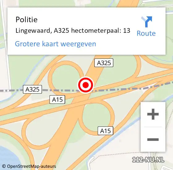 Locatie op kaart van de 112 melding: Politie Nijmegen, A325 hectometerpaal: 13 op 7 december 2021 15:46