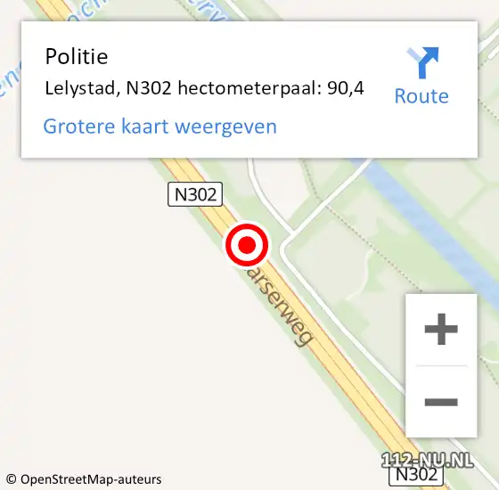Locatie op kaart van de 112 melding: Politie Lelystad, N302 hectometerpaal: 90,4 op 8 december 2021 22:11