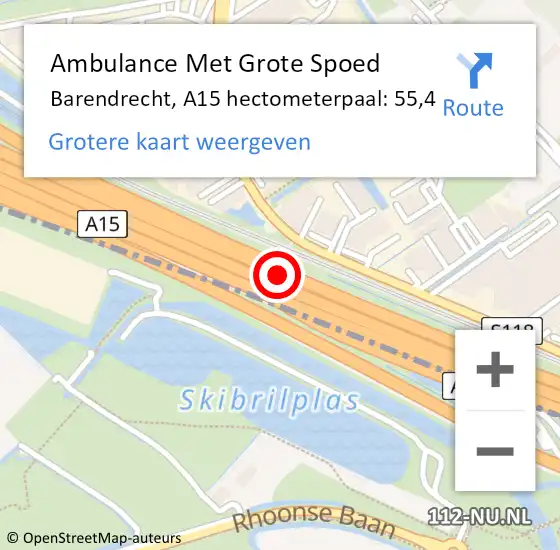 Locatie op kaart van de 112 melding: Ambulance Met Grote Spoed Naar Barendrecht, A15 hectometerpaal: 55,4 op 9 december 2021 18:21