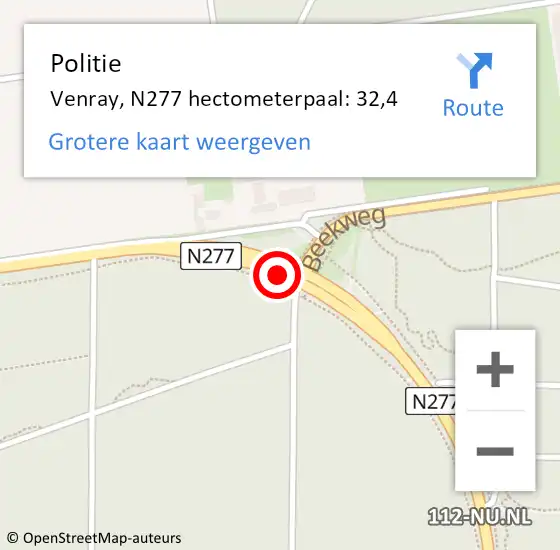 Locatie op kaart van de 112 melding: Politie Venray, N277 hectometerpaal: 32,4 op 10 december 2021 17:13