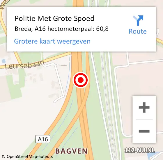 Locatie op kaart van de 112 melding: Politie Met Grote Spoed Naar Breda, A16 hectometerpaal: 60,8 op 10 december 2021 19:21
