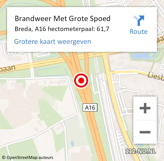 Locatie op kaart van de 112 melding: Brandweer Met Grote Spoed Naar Breda, A16 hectometerpaal: 61,7 op 11 december 2021 09:24