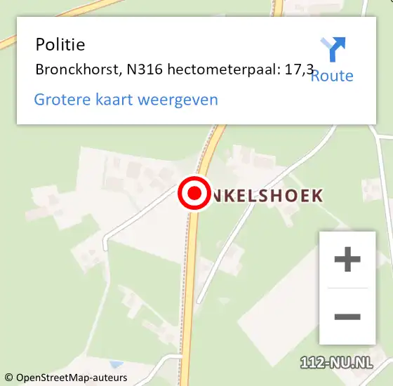 Locatie op kaart van de 112 melding: Politie Bronckhorst, N316 hectometerpaal: 17,3 op 11 december 2021 11:26
