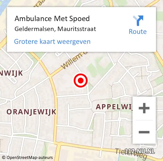 Locatie op kaart van de 112 melding: Ambulance Met Spoed Naar Geldermalsen, Mauritsstraat op 11 december 2021 22:15