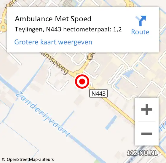Locatie op kaart van de 112 melding: Ambulance Met Spoed Naar Teylingen, N443 hectometerpaal: 1,2 op 12 december 2021 03:26