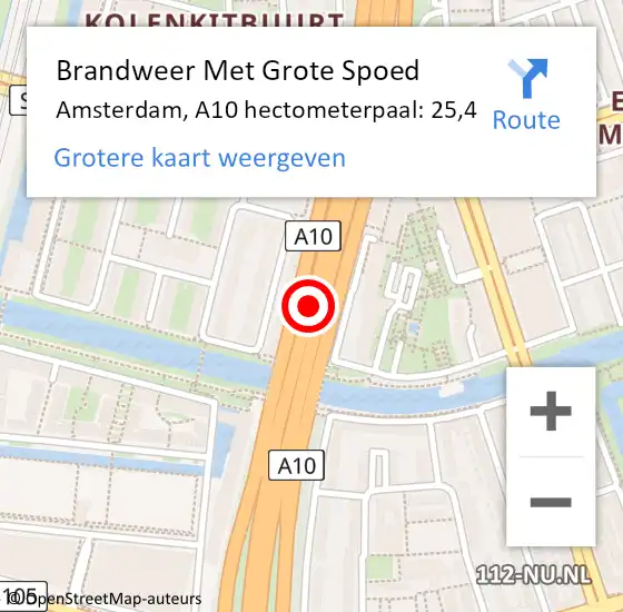 Locatie op kaart van de 112 melding: Brandweer Met Grote Spoed Naar Amsterdam, A10 hectometerpaal: 25,4 op 12 december 2021 13:59
