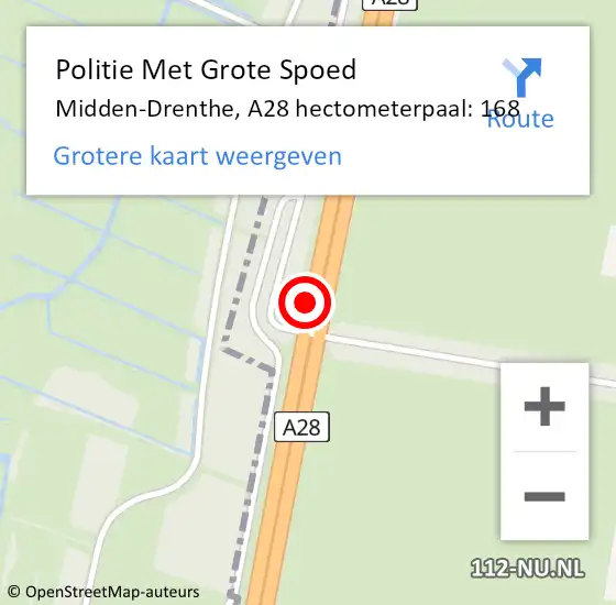 Locatie op kaart van de 112 melding: Politie Met Grote Spoed Naar Midden-Drenthe, A28 hectometerpaal: 168 op 13 december 2021 14:17