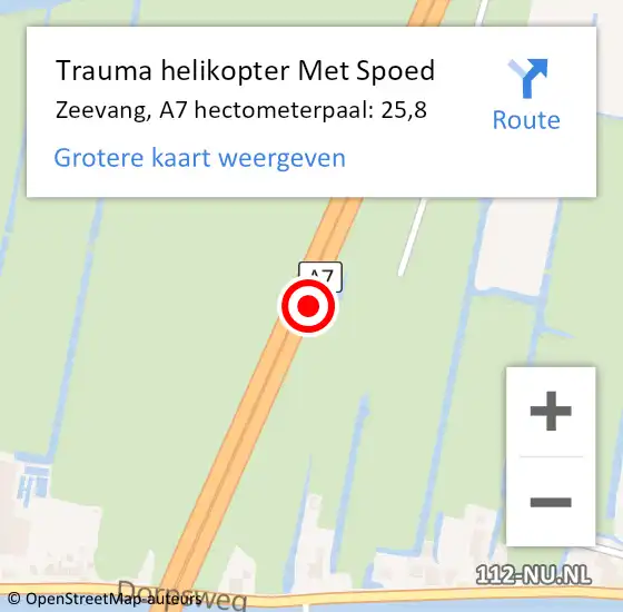 Locatie op kaart van de 112 melding: Trauma helikopter Met Spoed Naar Zeevang, A7 hectometerpaal: 25,8 op 13 december 2021 15:52